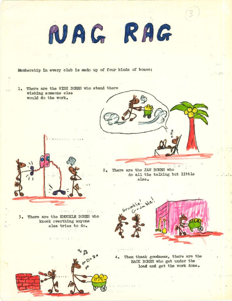 Hand drawn illustrations below the title Nag Rag, depicting horses doing mundane things like sitting on the beach, using a telephone, and hauling material in a wheelbarrow.