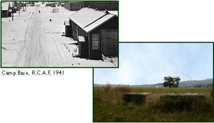 Historic images of Camp Bux, R.C.A.F. from 1941 showing buildings and grassland.
