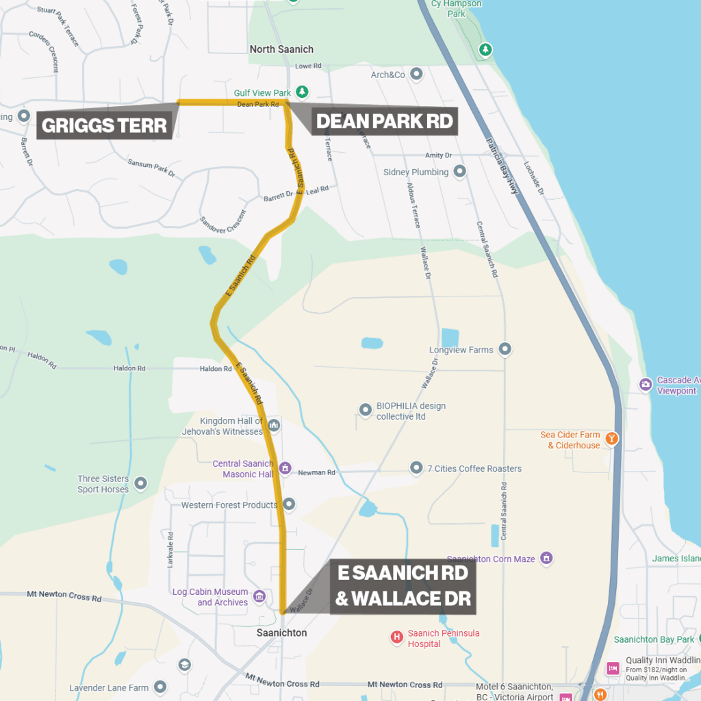 Map of North Saanich that shows the route of construction along East Saanich Road from the intersection at Wallace Drive, to Dean Park Road and up to Griggs Terrace.