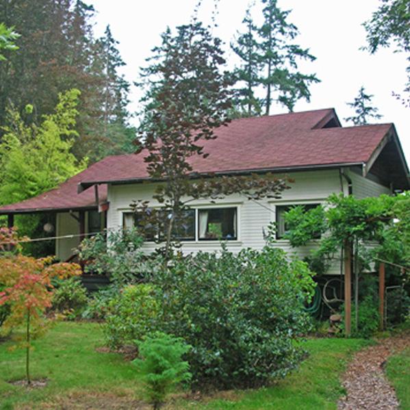 Single-storey house surrounded by lush greenery and trees.