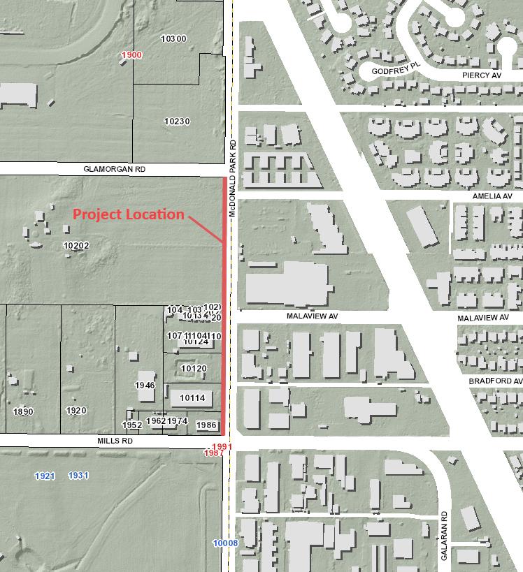 Map showing a project location marked in red among residential and commercial areas.