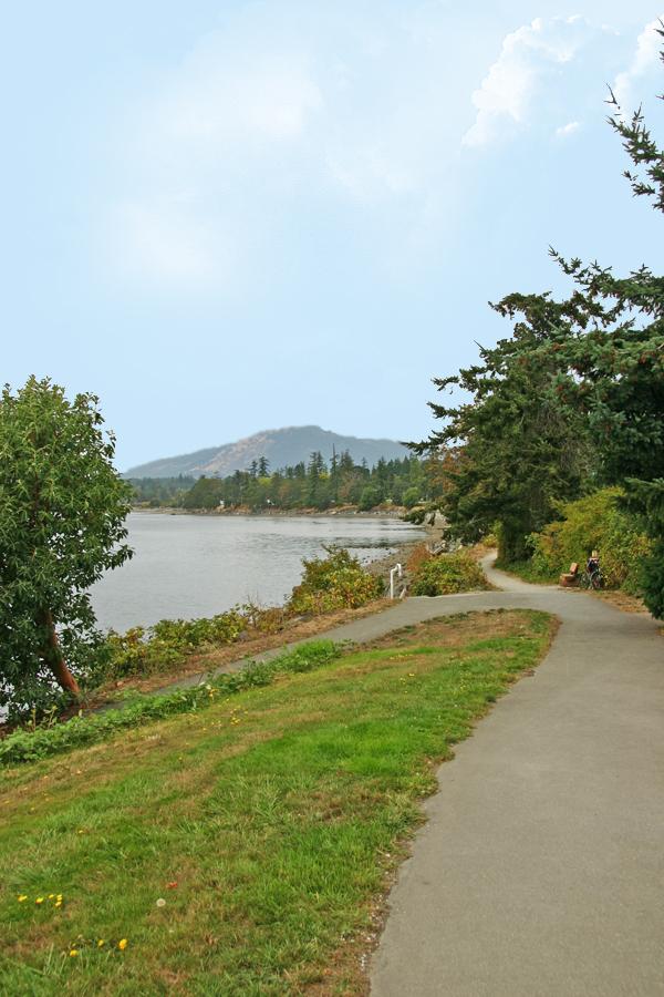Scenic waterfront pathway with greenery, mountains in background, and a cloudy sky.