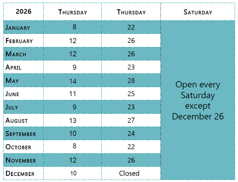 2026 calendar showing specific open dates and closed notices for each month.