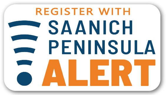 Logo for Saanich Peninsula Alert with blue and orange text on a white background.