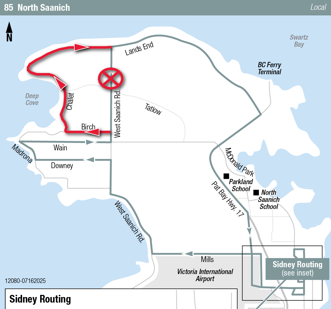 Map of North Saanich bus route with highlighted areas and key locations.